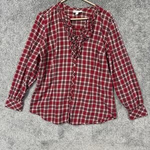VTG 90s Y2K Fashion Bug Blouse Womens L Red Plaid Ruffle V-Neck Boho Cabincore
